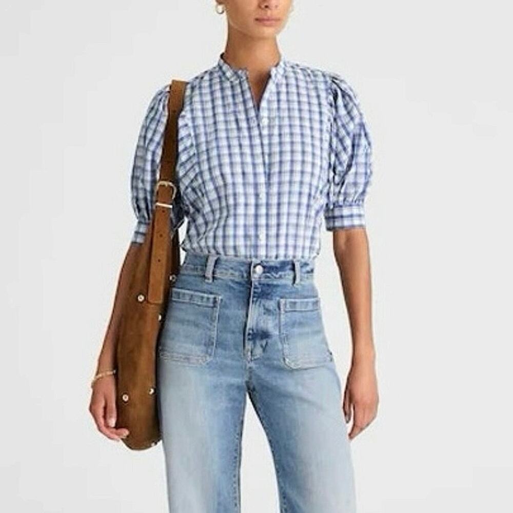 Madewell Puff-Sleeve Band-Collar Button-Up Shirt Blue White Plaid Size 00